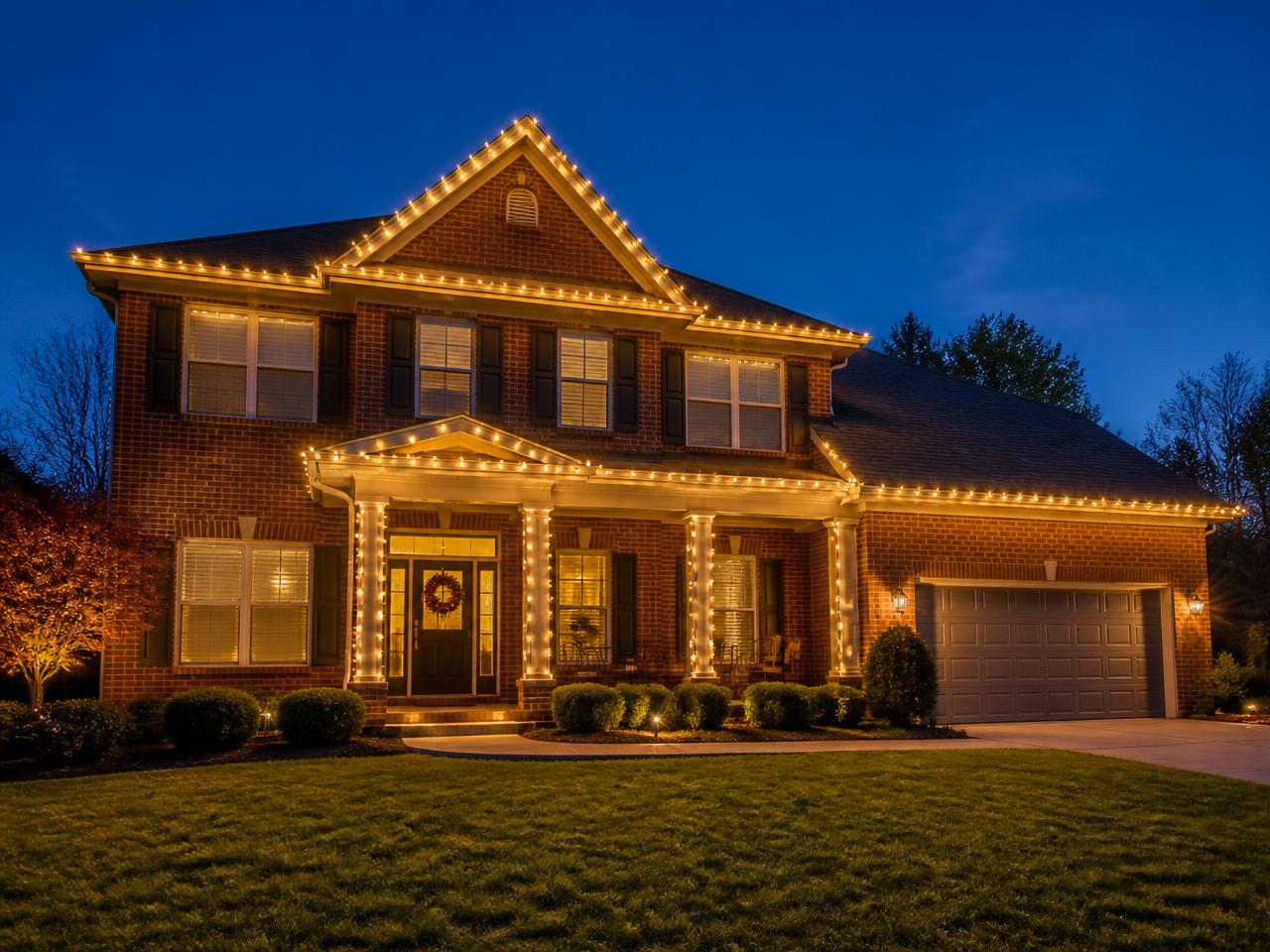Two-story brick home with warm white C9 lights along the roofline and porch columns
