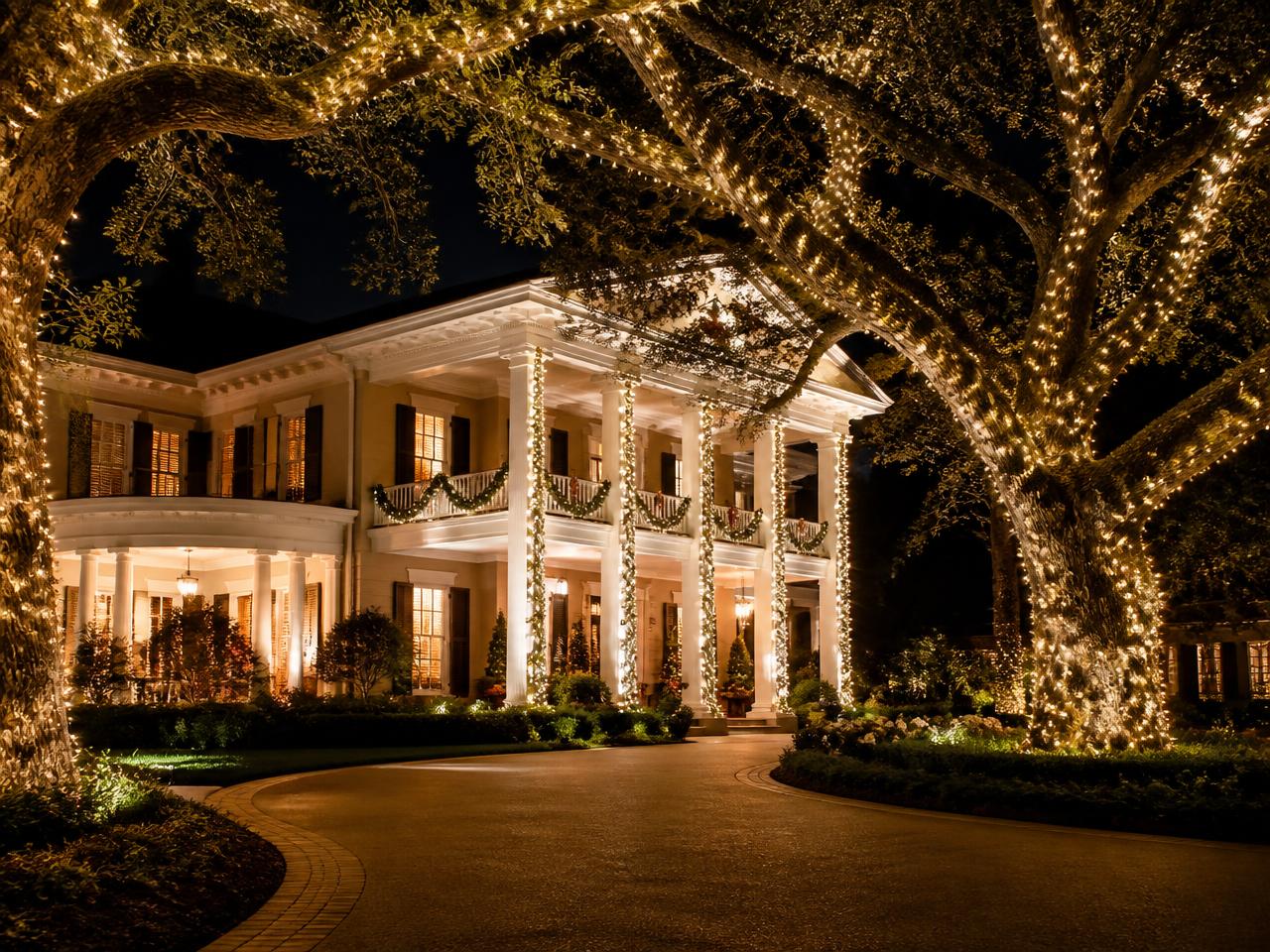 Columned southern home with wrapped oaks and lighted garland