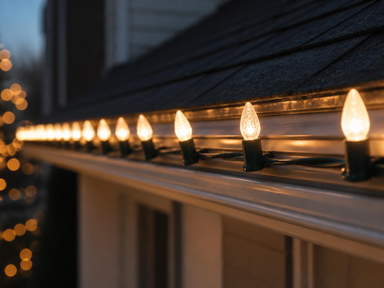 Close-up of warm white C9 bulbs clipped neatly along a gutter line