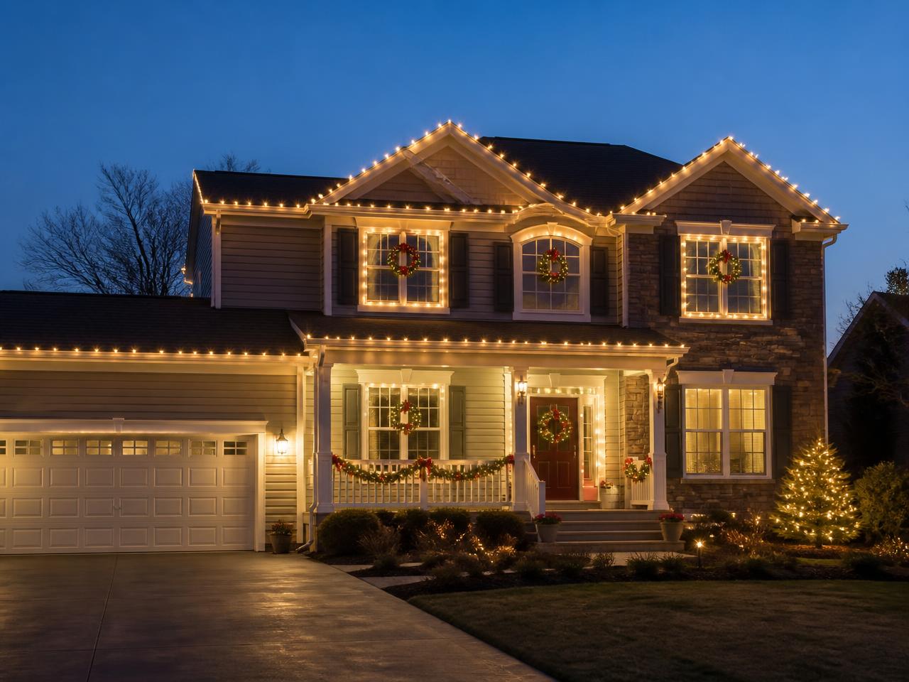 Suburban two-story home with roofline lights, lit wreaths, and window outlines