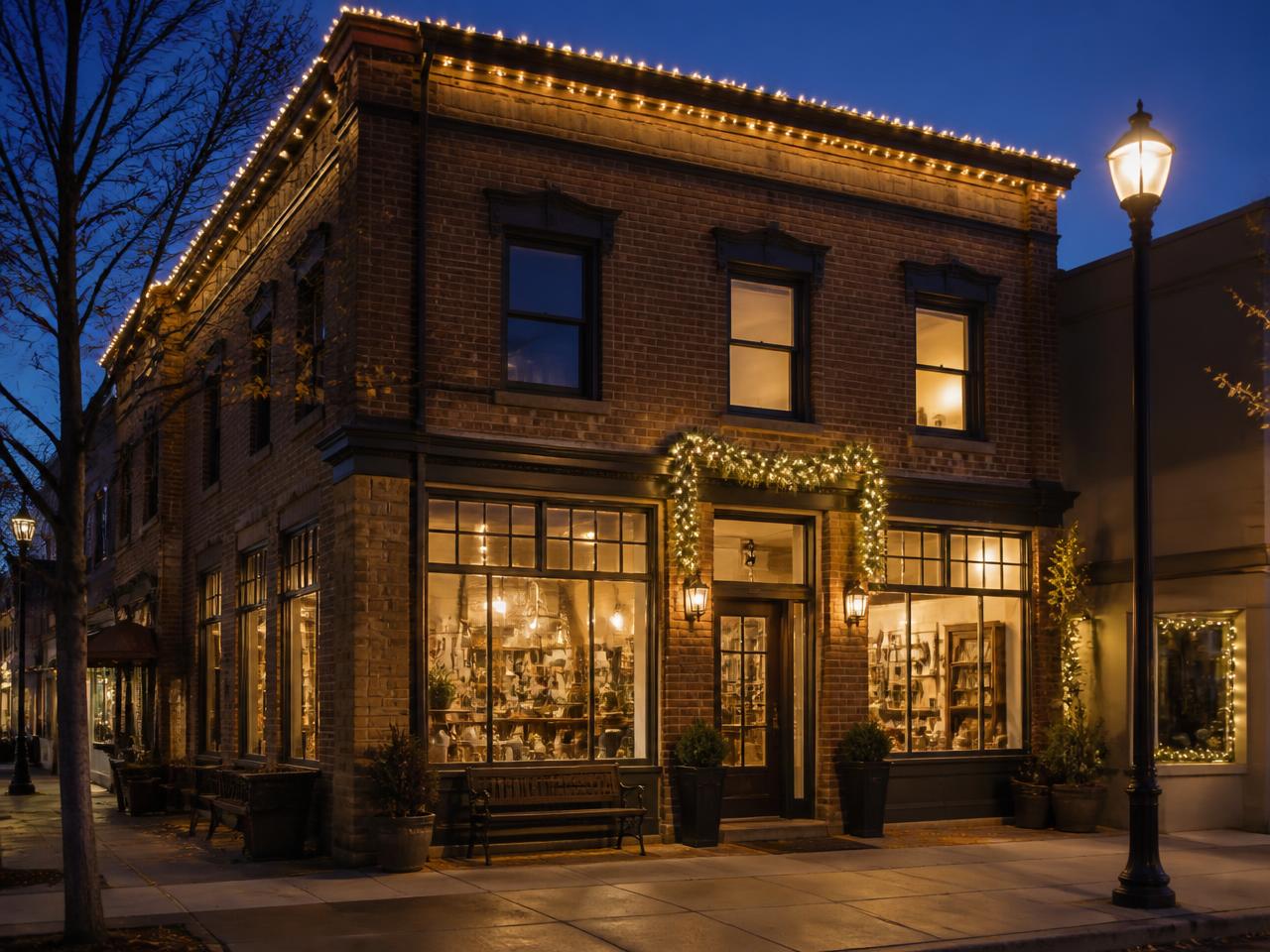 Storefront with roofline lights and lit garland over the entrance